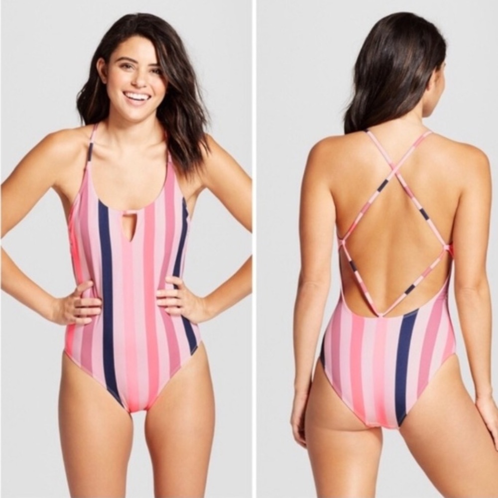 NEW Xhilaration Pink Striped One Piece Swimsuit Size Large